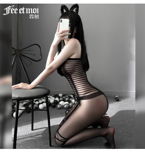 FEE ET MOI Sexy See Through Fake Bundling Open File Body Stocking (Black)